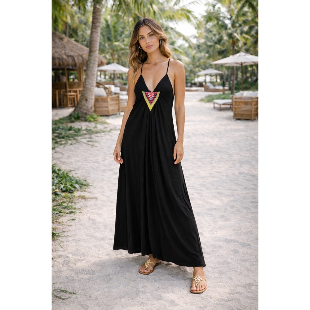 Mara Hoffman Swim Black Beaded Maxi Dress XS Tie Back Resort Cover Up Jersey